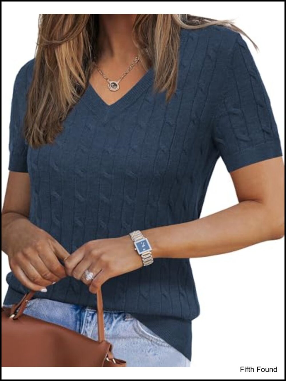 Wool Blend Short Sleeve V Neck Cable Knit Pullover Sweater Business Casual